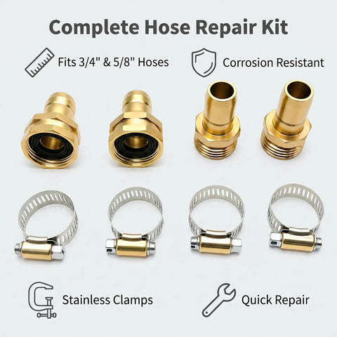 Heavy Duty Garden Hose Repair Connector Kit With Clamps Fits 3/4 Or 5/8 Inch Quick Fix Aluminum And Stainless Steel Leak Proof Durable Fix For Your Backyard Irrigation Needs Today, 3/4 and 5/8 hose connectors with clamps