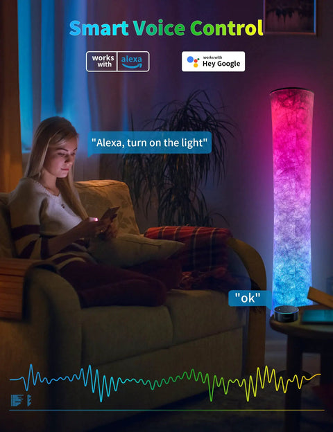 Woman controlling RGB Color Changing LED Floor Lamp Smart Light With Alexa And Google App Control DIY Mode Music Sync