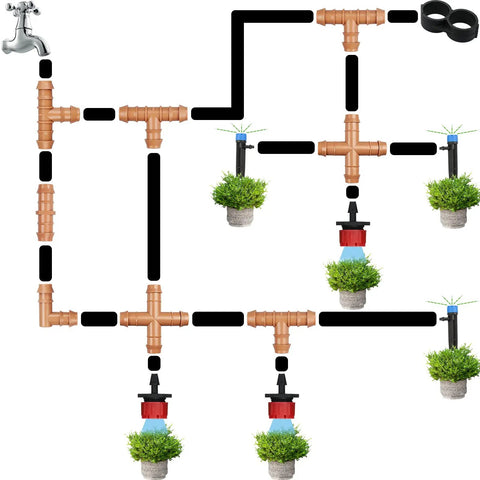 Irrigation system with Four Way Cross Tee Fittings For One Half Inch Drip Irrigation Tubing Pack Of Twelve Barbed Cross Connectors.