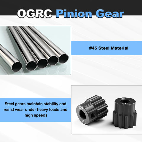 Two Piece 32P 11T Hardened Steel Pinion Gear Set For Traxxas Slash 4x4 Rustler Hoss TRX4 TRX6 RC Cars 3.175mm Shaft Direct Fit Upgrade Replacement Performance Kit with steel material displayed