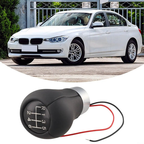 Stylish Red LED 6-Speed Gear Shift Knob For BMW E30 E36 E46 E60 E90 With Cool Glowing Light, ABS Handle For Smooth Manual Shifting And Easy Car Interior Upgrades Tonight, black 6-speed manual knob with wires, shown with BMW sedan