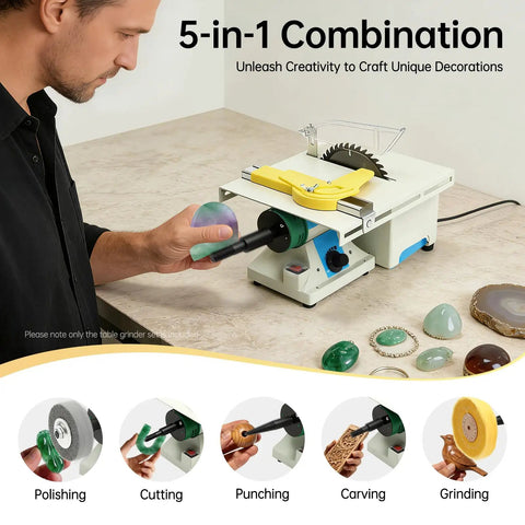 Man using 5 In 1 Dope Mini Lapidary Saw For Jewelry Making And Rock Polishing 750W Gem Stone Cutting Polishing Grinder with accessories.