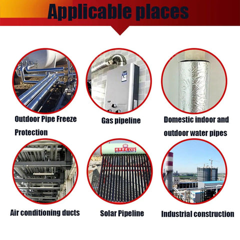 Self Seal Rubber Pipe Wrap Insulation With Aluminum Foil Layer visible in various industrial and domestic pipe applications.