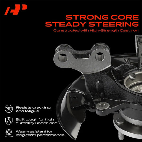 Direct Replacement Front Right Steering Knuckle And Wheel Bearing Hub Assembly For Toyota Highlander And Lexus Rx Fits Years 2008 Through 2017 close-up of durable cast iron construction.
