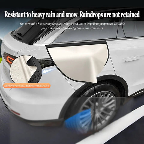 Beefy Magnetic EV Charger Port Cover For Hyundai Ioniq 5 And Ioniq 6, beige weatherproof shield applied on snowy vehicle.
