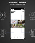 Mobile app interface displaying multiple views of nursery, living room, doorbell, and backyard on screen.
