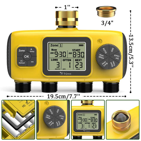 Smart Four Zone Garden Hose Timer with brass inlet and independent outlets, showing size and digital display.