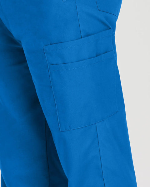 Relaxed Fit 7 Pocket Elastic Cargo Scrub Pants For Men With Stretch Waistband And Drawstring Durable, close-up of blue pocket detail