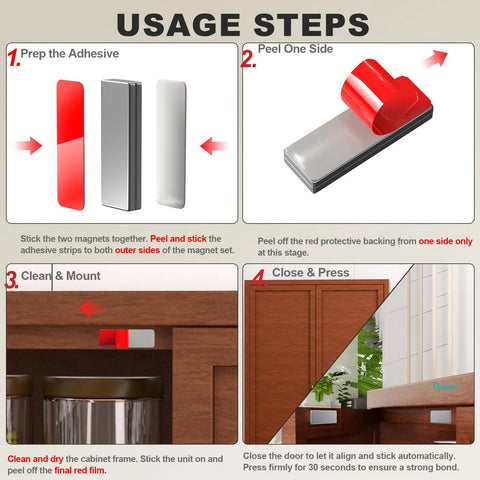 Ultra Thin Magnetic Cabinet Door Catch Kit 10 Pack No Drilling Strong Adhesive Drawer Magnets So Doors Stay Closed Stainless Steel Cabinet Latch usage steps