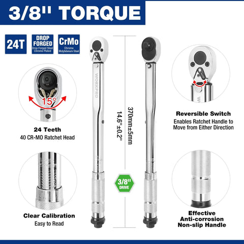 Heavy Hitter Adjustable Torque Wrench Set Featuring Three Square Drive Heads For Quick Shop Fixes And Weekend Garage Builds With Smooth Ratcheting Action And Dead On Calibration 3/8 inch ratchet torque wrench with clear calibration.