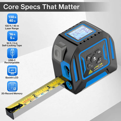2-In-1 Laser Distance Meter And 16 Ft Tape Measure For Indoor Measuring Handy 130 Ft Range Quick Room To Hallway Checks Self Locking Tape Dual Mode Tool For DIY Projects And Precise Layouts, black and blue handheld unit with pull-out tape