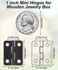 Diagram of 1 inch mini hinge with dimensions, shown next to a coin for scale, from the set 50 Pairs 1 Inch Tiny Metal Hinges With Screws For Wooden Boxes, Jewelry Boxes And Gift Cases, Ideal For DIY Crafts And Small Box Repairs, Mini Hinge Set For Craft Lovers And Hobbyists.