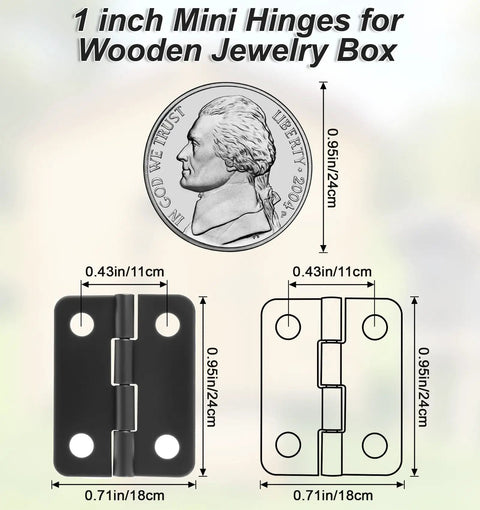 Diagram of 1 inch mini hinge with dimensions, shown next to a coin for scale, from the set 50 Pairs 1 Inch Tiny Metal Hinges With Screws For Wooden Boxes, Jewelry Boxes And Gift Cases, Ideal For DIY Crafts And Small Box Repairs, Mini Hinge Set For Craft Lovers And Hobbyists.
