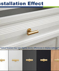6-Pack Solid Brass Cabinet Pulls in Brushed Gold Finish installed on white drawer, demonstrating single hole center