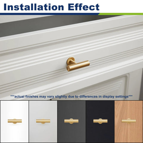 6-Pack Solid Brass Cabinet Pulls in Brushed Gold Finish installed on white drawer, demonstrating single hole center