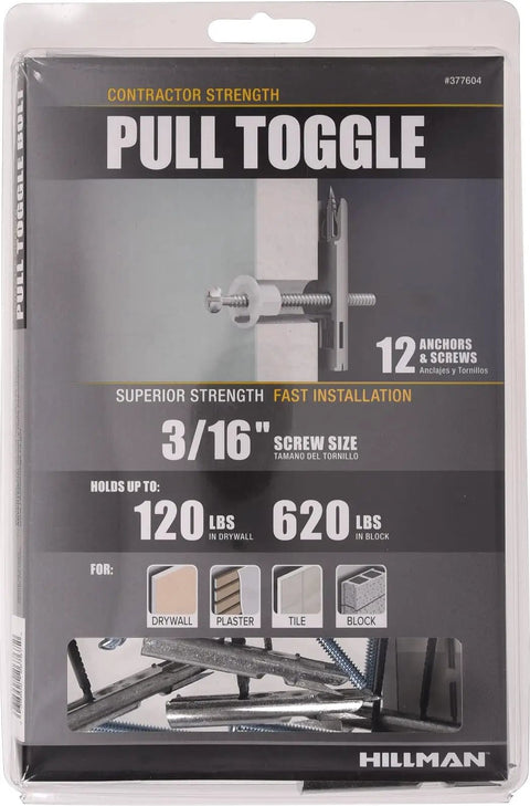 Self Drilling Pull Toggle Anchors Three Sixteenth Inch White 12 Pack With Wide Two Inch Grip Range For Hollow Walls Easy Install And Secure Mounting For Frames Shelves And Lightweight Fixtures, 3/16 in pull toggle anchors pack