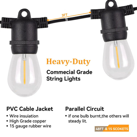 96 Ft Outdoor LED String Lights With 32 Shatterproof Filament Bulbs 2700K Warm Glow Waterproof Patio Lights for durability