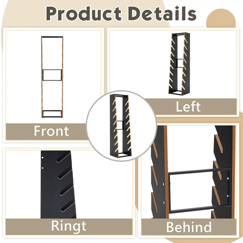 Wooden Skateboard Rack Floor Stand 8 Layer Display Organizer details in multiple angles, wood and metal, 320x300x1200 mm