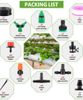 Packing list of 164Ft Drip Irrigation Kit for Gardens and Yards, Auto Watering System With 1/4 Inch Tubing, includes various connectors and nozzles