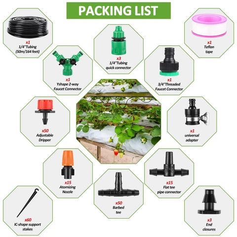 Packing list of 164Ft Drip Irrigation Kit for Gardens and Yards, Auto Watering System With 1/4 Inch Tubing, includes various connectors and nozzles