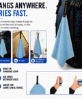 Ultralight Backpacking Quick Dry Microfiber Towel for camping and hiking shown hanging on a backpack with loop strap