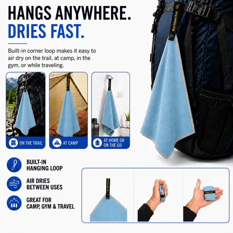 Ultralight Backpacking Quick Dry Microfiber Towel for camping and hiking shown hanging on a backpack with loop strap