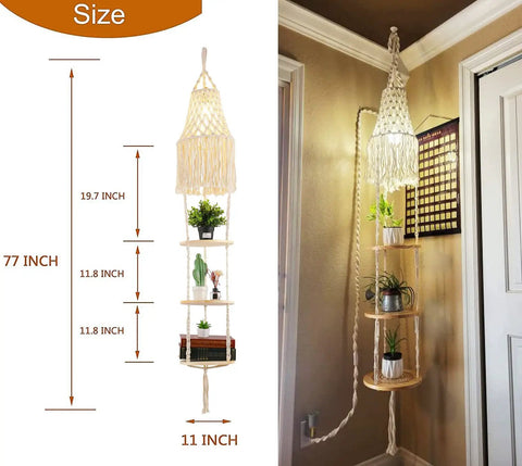 Plug In Rattan Pendant Light With Woven Bamboo Basket Shade, side view, 77-inch size, three-tier shelf with boho vibe.