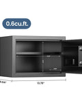 Open Home Safe Box With 0.6 Cu Ft Stash Space showing interior dimensions and shelf, digital security safe for valuables.