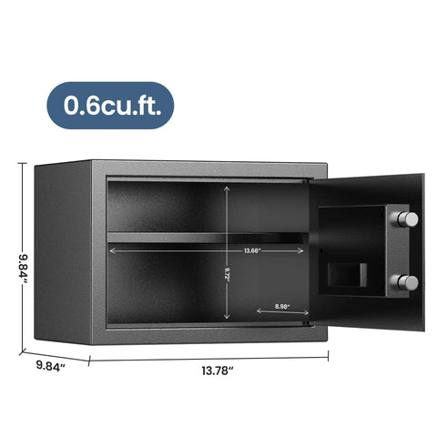 Open Home Safe Box With 0.6 Cu Ft Stash Space showing interior dimensions and shelf, digital security safe for valuables.