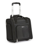 Amazon Basics underseat carry-on luggage with wheels, 14-inch rolling bag in black, front view with extended handle