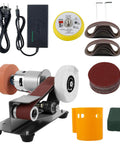 Pro Grade Mini Belt Sander, Electric Knife Sharpener, Go To Bench Grinder With Seven Adjustable Speeds, Bidirectional Metal Polisher, accessories and components including sanding belts and power supply.