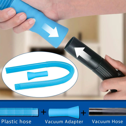 Close-up of All In One Dryer Vent Cleaning Kit with flexible blue hose, plastic adapter, and vacuum attachments shown in use.
