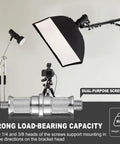 Ring Light Wall Mount With 45.7 Inch Adjustable Boom Arm For Photography Studio Lighting Triangle Wall Mount Sturdy Alloy Support shown with light, camera, screws, and load-bearing weight.