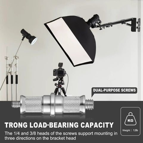 Ring Light Wall Mount With 45.7 Inch Adjustable Boom Arm For Photography Studio Lighting Triangle Wall Mount Sturdy Alloy Support shown with light, camera, screws, and load-bearing weight.