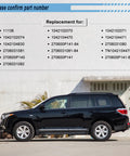 Side view of a black Toyota SUV with part numbers listed for Plug And Play Alternator Replacement For 3 5L V6 Toyota Cars And SUVs.