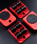 Heavy Duty Furniture Lifter And Mover Tool Set With Wheels And Sliders showing red ABS rollers on black surface