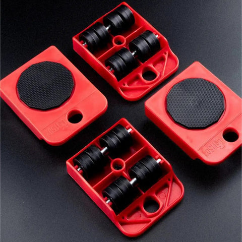 Heavy Duty Furniture Lifter And Mover Tool Set With Wheels And Sliders showing red ABS rollers on black surface