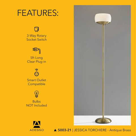 Antique Brass Torchiere Floor Lamp With White Opal Glass Shade Uber Bright 300W Double Socket Uplight 71 Inch Tall Standing Lamp