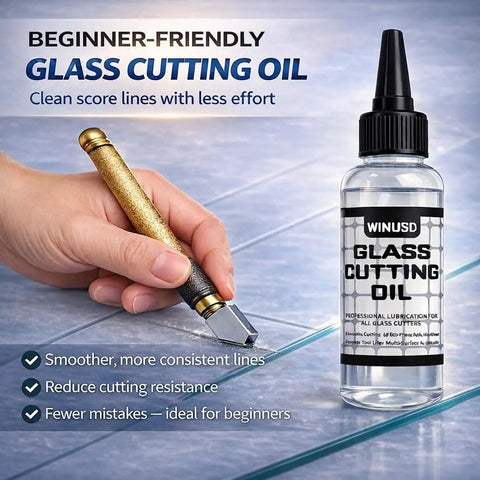 Pro Grade Glass Cutting Oil For All Cutting Tools Let Your Cutter Wheel Glide With Minimal Friction For Clean Scoring And Fewer Breaks Ideal For Stained Glass Mirrors Bottles Tiles Mosaic And Glass Cutter Wheels next to a hand holding a cutter on glass.