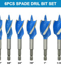 Top Shelf Six Piece Auger Drill Bit Set With Quick Change Quarter Inch Hex Shank Self Feeding Wood Boring Bits For Hardwood And Softwood Half To One Eight Plus Inch Sizes Impact Driver Workhorses showing six sizes from 1/2 to 1-1/8 inch.