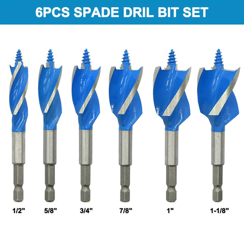 Top Shelf Six Piece Auger Drill Bit Set With Quick Change Quarter Inch Hex Shank Self Feeding Wood Boring Bits For Hardwood And Softwood Half To One Eight Plus Inch Sizes Impact Driver Workhorses showing six sizes from 1/2 to 1-1/8 inch.
