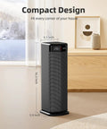 Powerful 1500W Space Heater For Indoor Use With Fast Ceramic PTC Heating in a modern living room, tall slim design, digital display