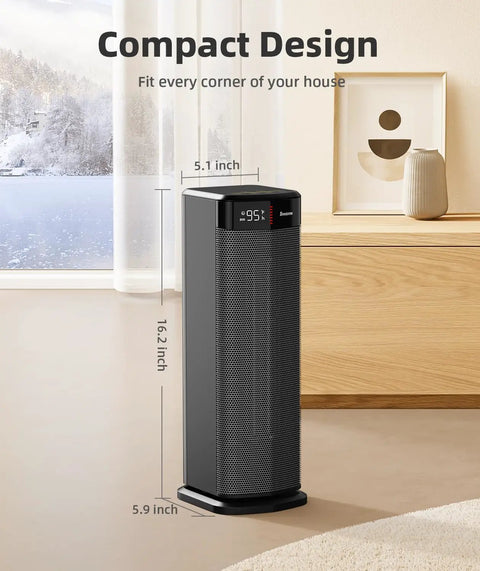 Powerful 1500W Space Heater For Indoor Use With Fast Ceramic PTC Heating in a modern living room, tall slim design, digital display