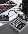 Five Channel USB Bluetooth Audio Mixer With Dope Echo Delay Effects And 48V Phantom Power, white mixer with XLR inputs