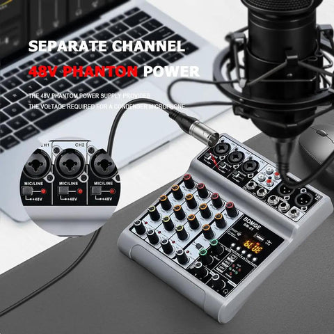 Five Channel USB Bluetooth Audio Mixer With Dope Echo Delay Effects And 48V Phantom Power, white mixer with XLR inputs