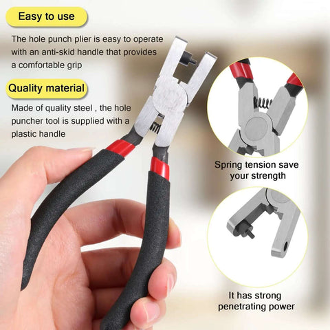 Close-up of 2.0mm Shoe Strap Hole Puncher For Watch Bands Leather Belts Fabric Jewelry Tags in hand, emphasizing grip and material.