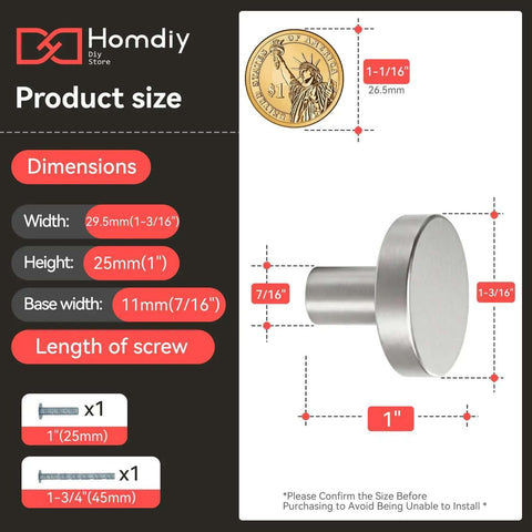 Diagram showing dimensions of 100 Pack Brushed Nickel Cabinet Knobs Round Aluminum Alloy Kitchen Drawer Knobs Silver Hardware