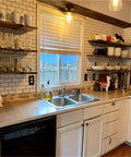 Kitchen with Six Piece Wall Mounted Iron Shelves Set With Heavy Duty Industrial Angle Brackets and Corner Braces for Storage