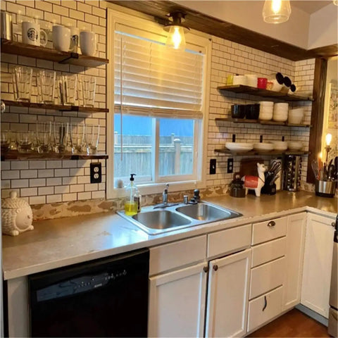 Kitchen with Six Piece Wall Mounted Iron Shelves Set With Heavy Duty Industrial Angle Brackets and Corner Braces for Storage