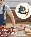 Premium Rock Solid Manual Router Lift System With Table Saw Insert Base Plate, showing aluminum top plate for precise adjustments.